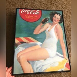 Coca cola poster pin up girl white bathing suit coke in black frame 20x16 glass
